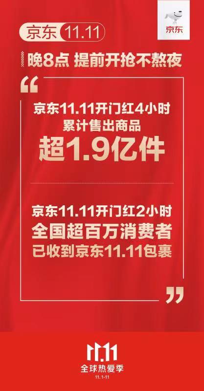 不熬夜！京东11.11晚8点开启四小时累计售出商品超1.9亿件