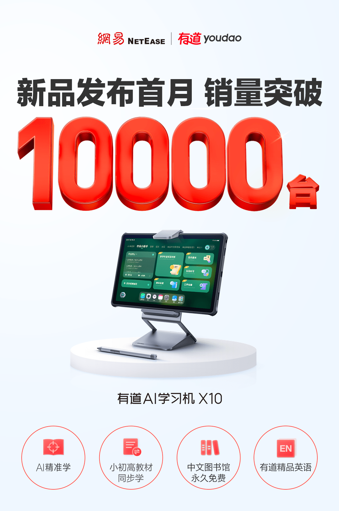 有道AI学习机X10发布战报：首发1月内销量突破10000台