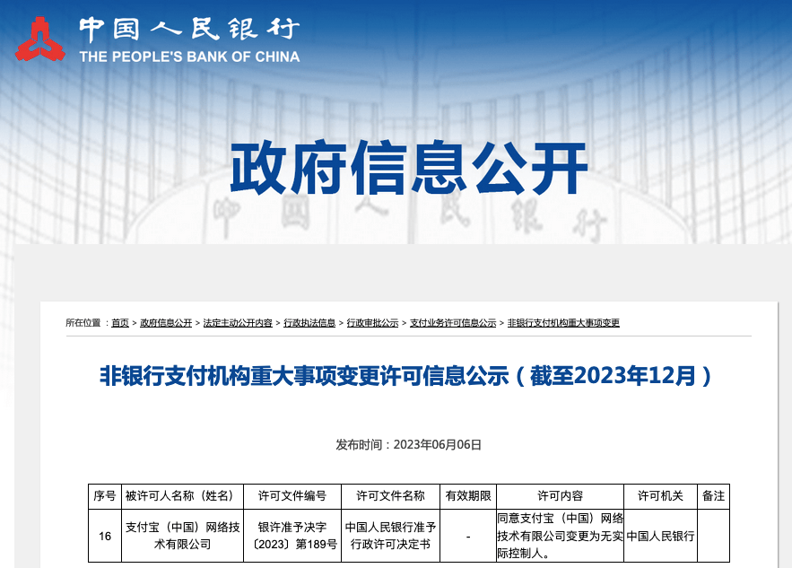 央行同意支付宝变更为无实际控制人