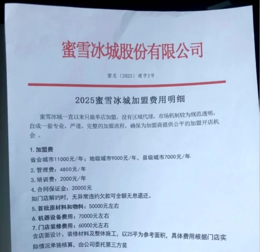 蜜雪冰城回应加盟费：预开店投资21万起 不含房租、转让费等